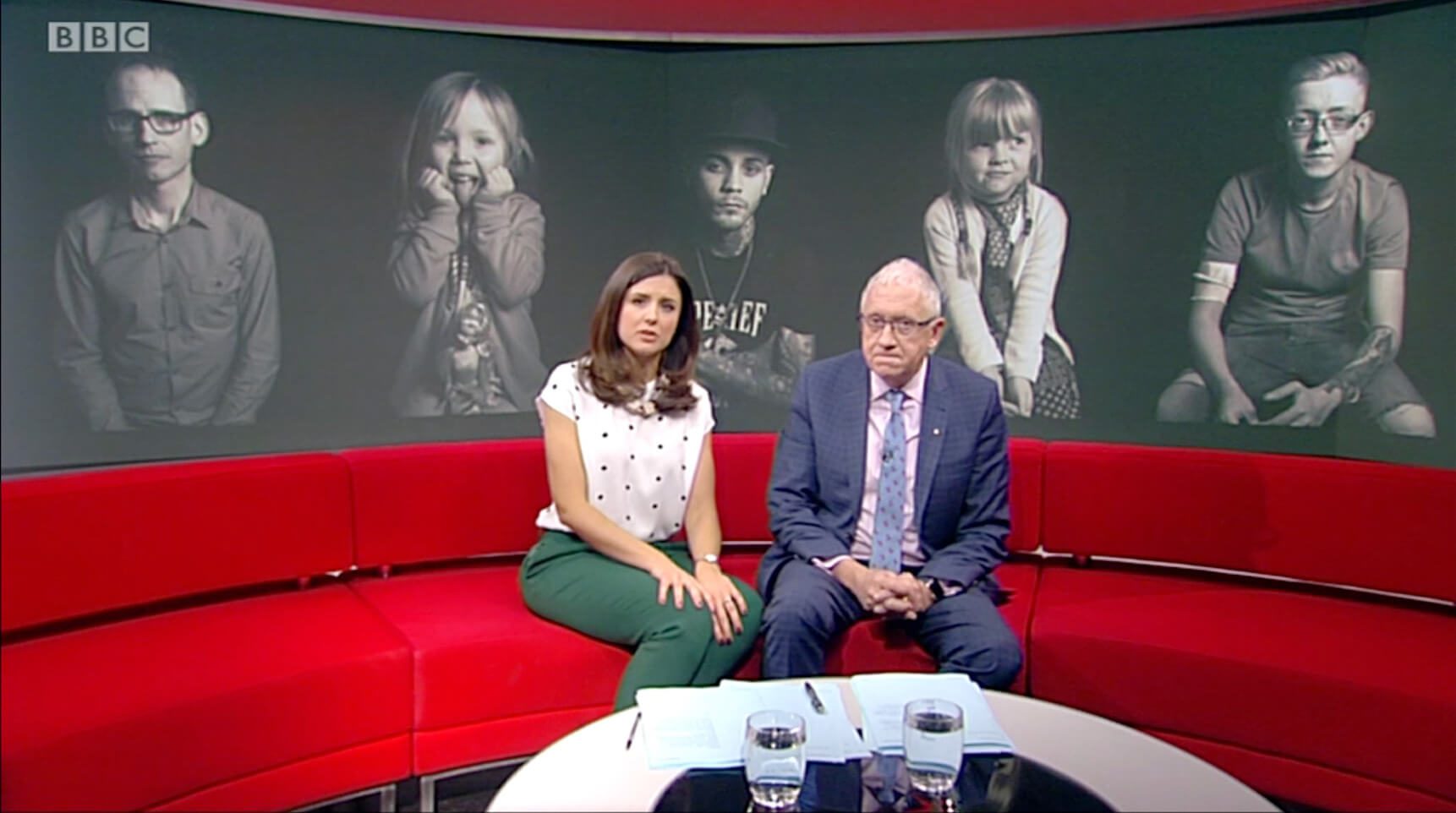 Example portraits from the book on display on the large screen on BBC1 Yorkshire Look North