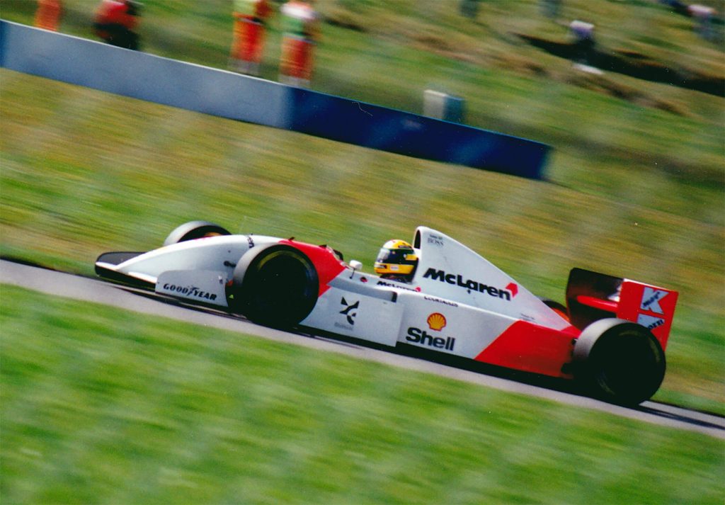 Ayrton Senna in qualifying for the 1993 European Grand Prix at Donington Park
