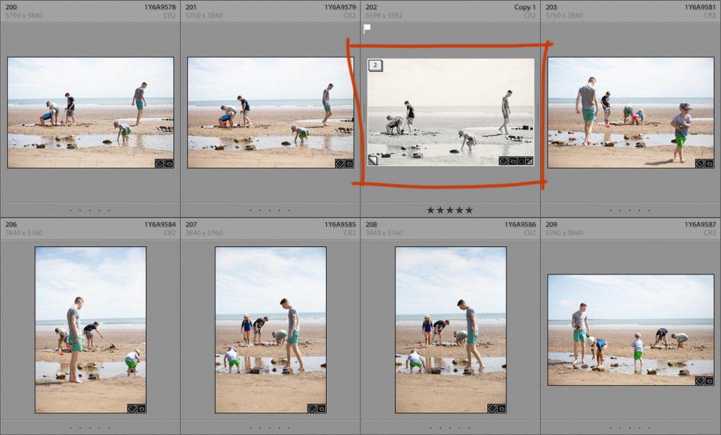 Contact sheet showing selected photograph and images taken immediately before and after.