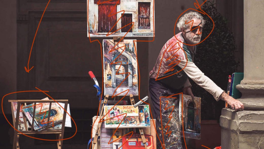 Portrait of a Street Artist taken in Florence, Italy with overlay highlighting details