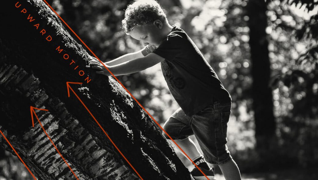 Back lit black and white portrait of a young boy climbing a tree with overlay indicating upward motion