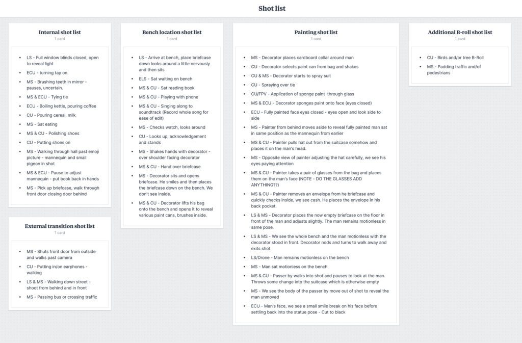 My detailed shot list really helped us with efficient shooting and editing