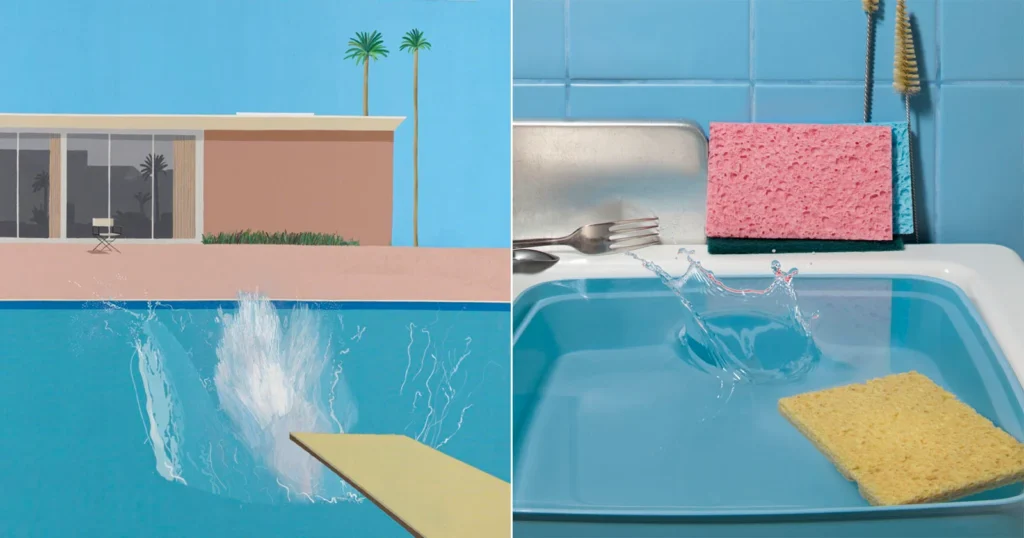 Photographer Aaron Tilley’s recreation of David Hockney’s A Bigger Splash, left.