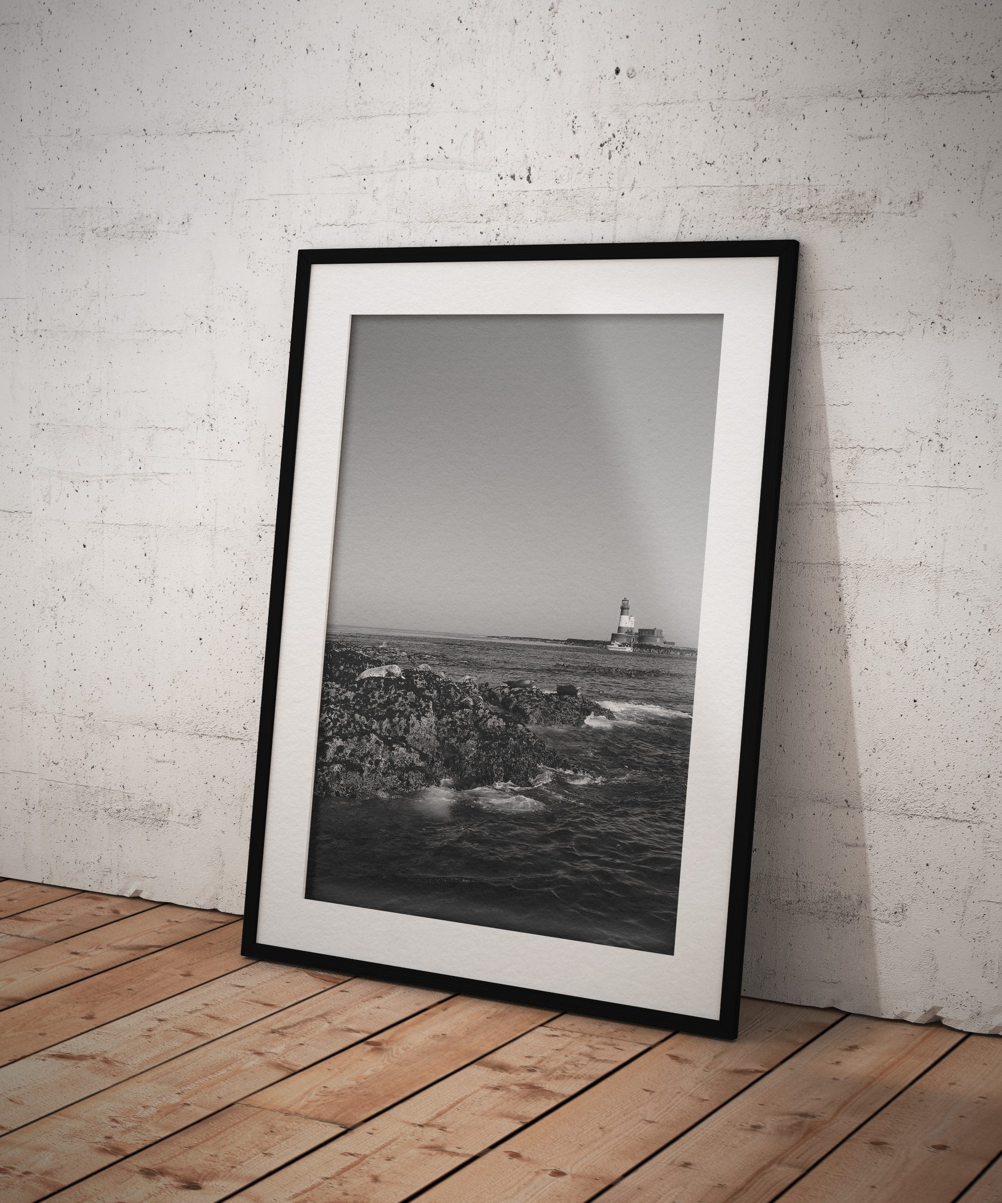 "LONGSTONE LIGHTHOUSE WITH SEALS" Giclée Fine Art Print, Farne Islands, Northumberland (Framed)