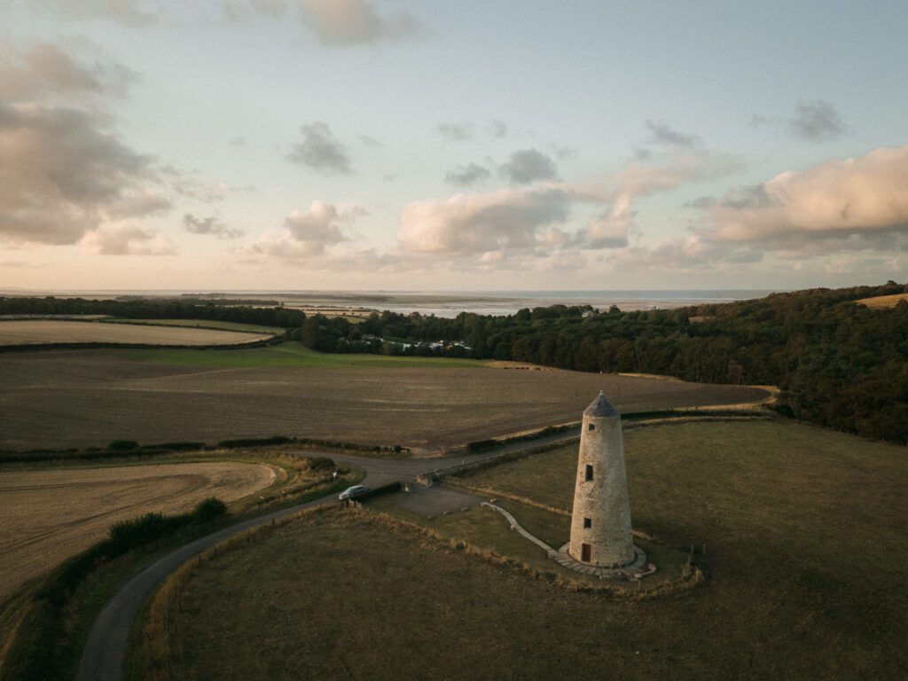 Drone photograph of Outchester Ducket, Northumberland at sunset