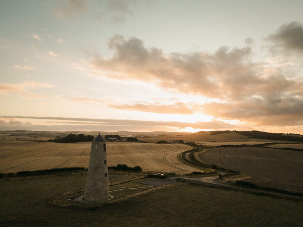 Drone photograph of Outchester Ducket, Northumberland at sunset