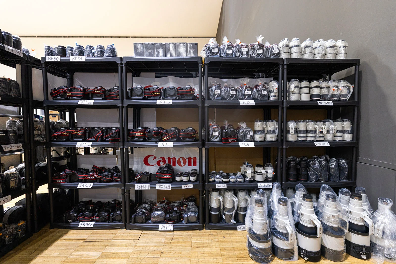 A peek inside Canon's Winter Olympics gear room. ©️ Jeff Cable.